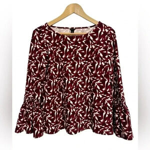 Ann Taylor Maroon Ivory Floral Stretch Bell Sleeve Blouse Top Size Small